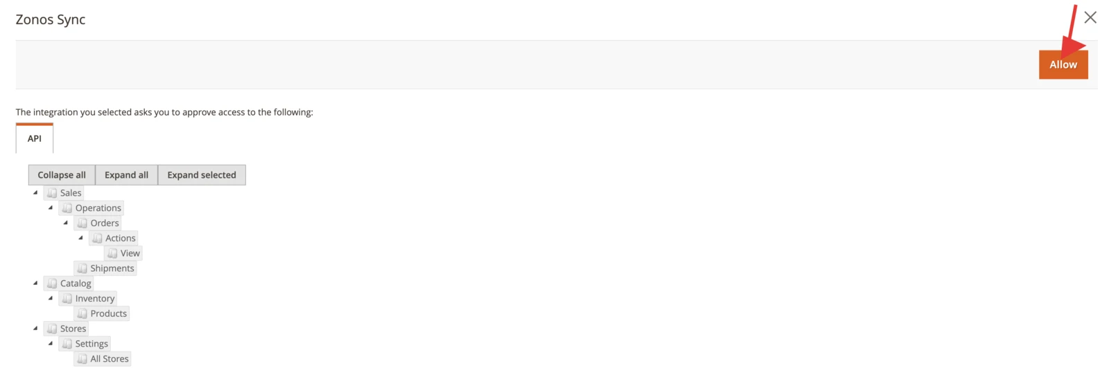The Magento integration permissions confirmation dialog with the Allow button highlighted